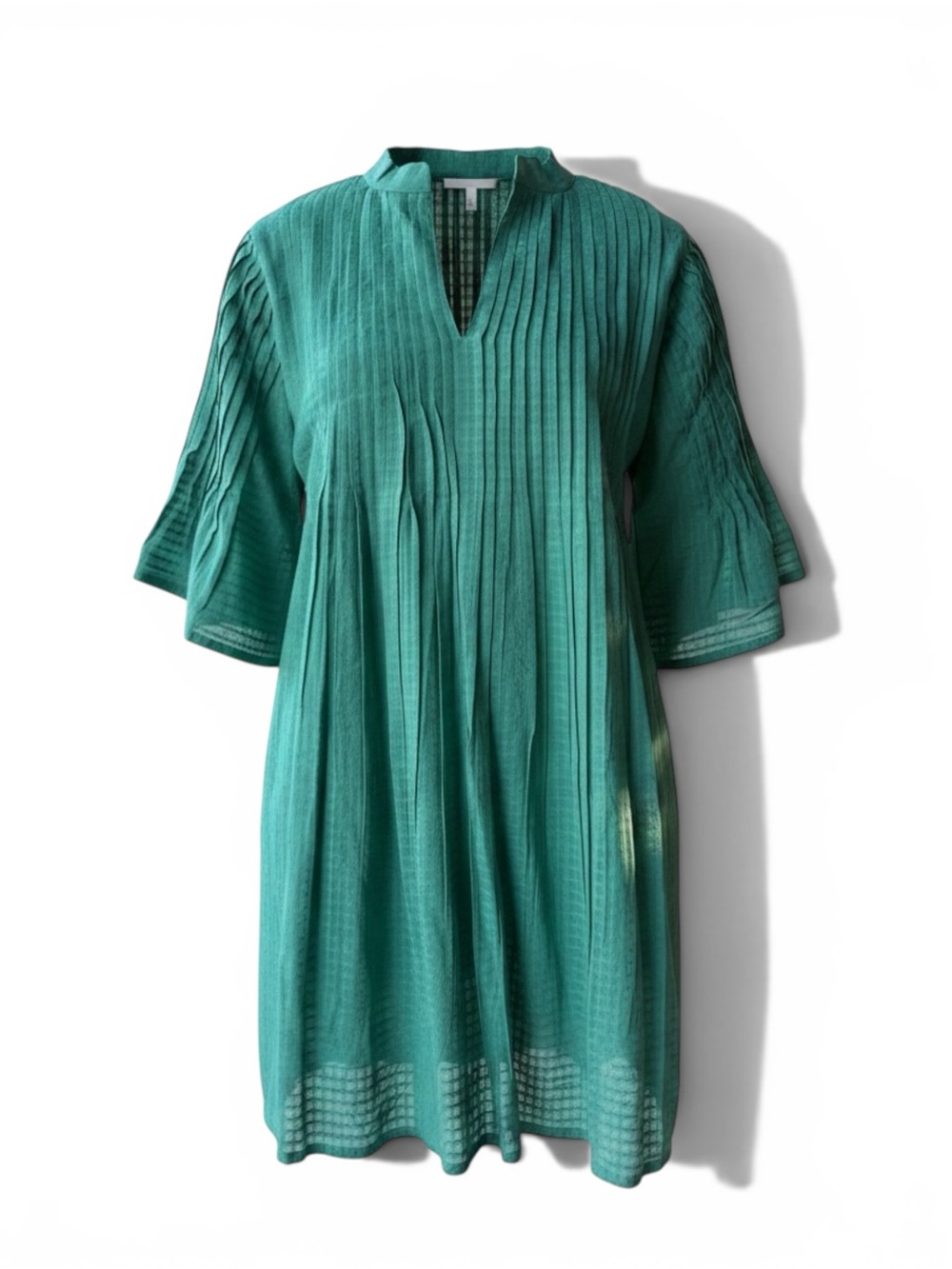NWT Dolma dress cotton green Tunic short mini -Pleated detail- bell sleeves M L